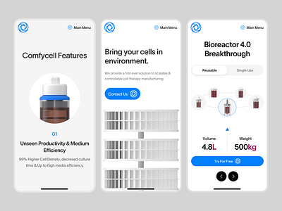 biothrust: The Bionic Bioreactor | Responsive Mobile Overview UI 3d 3d carousel 3d render biomanufacturing bioreactor biotech biotech landing page biotech ui biotech web design biotech website biotechnology biothrust blue carousel clean minimal mobile ui resonsive website responsive simple