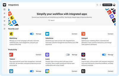 Autopilot - Integrations screen application automation automation builder product design saas ui ux workflow workflow automation workflow builder