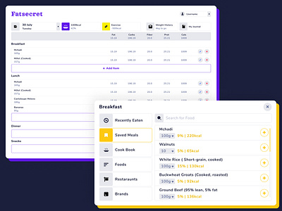 Fatsecret | Redesign calorie counting desktop fatsecret food diary light mode meals menu tabs ui ux web design
