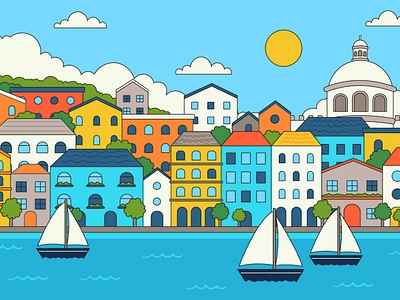 Colorful Lisbon Landscape cartoon city colorful drawn graphic design illustration landscape lisbon portugal sea ship