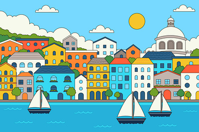 Colorful Lisbon Landscape cartoon city colorful drawn graphic design illustration landscape lisbon portugal sea ship