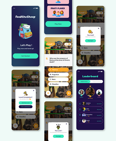 Quiz Game App Design app design figma game design leaderboard quiz game quiz game app scoreboard trivia app trivia quiz game app ui design