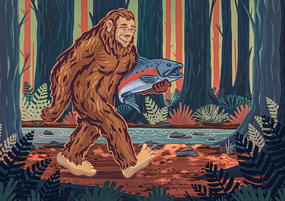 Sasquatch Approved 2d ape bigfoot colorful digital painting fish fishing forest gorilla illustration northwest pacific packaging pnw procreate retro salmon sasquatch smoked yeti