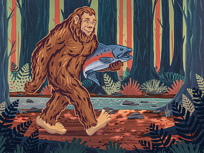 Sasquatch Approved 2d ape bigfoot colorful digital painting fish fishing forest gorilla illustration northwest pacific packaging pnw procreate retro salmon sasquatch smoked yeti