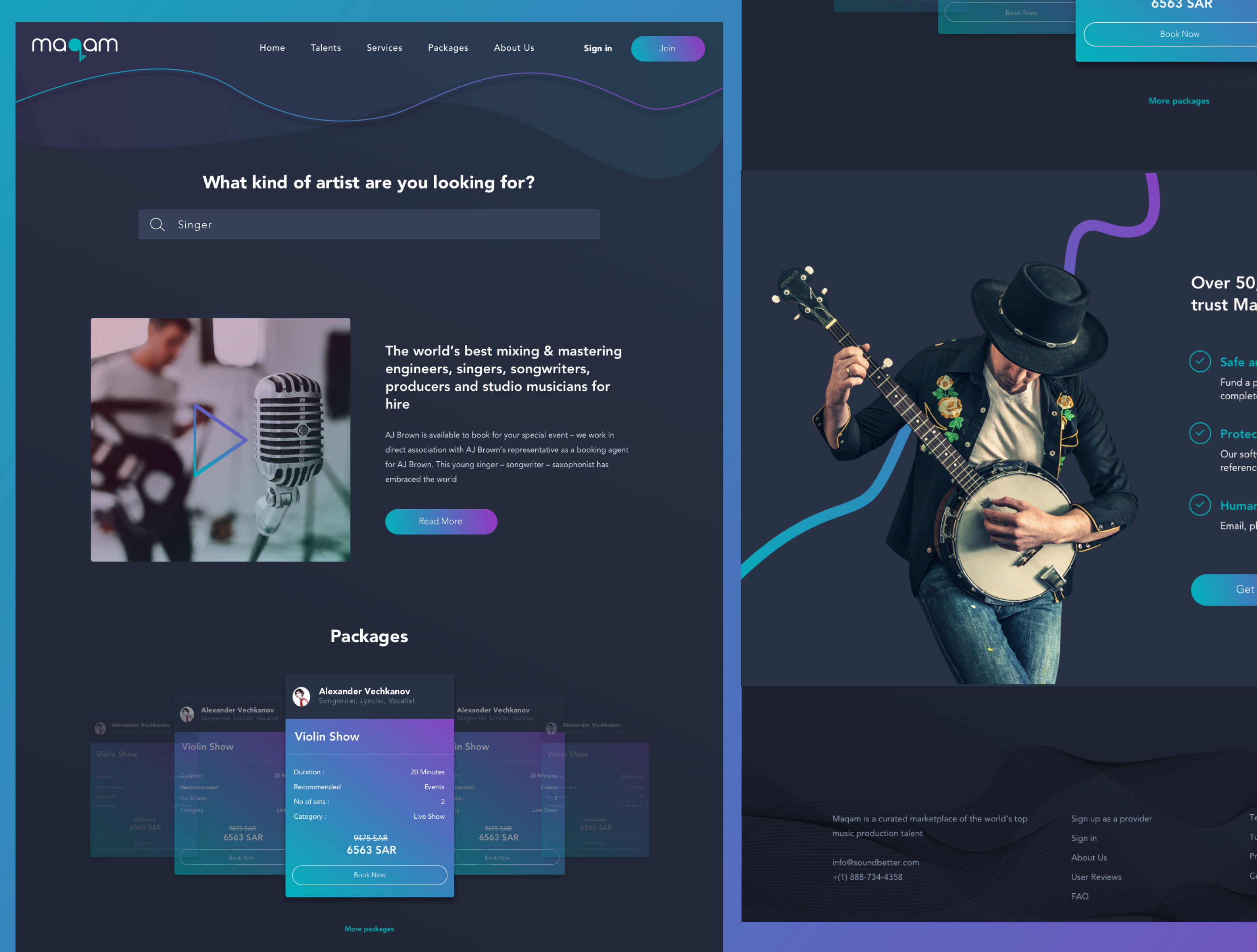 Maqam - Musicians for hire app landing music ui ux website