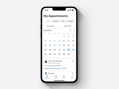 Mobile application for providing mobile therapy appointment calendar cards design find light design medical app patients therapy ui ux