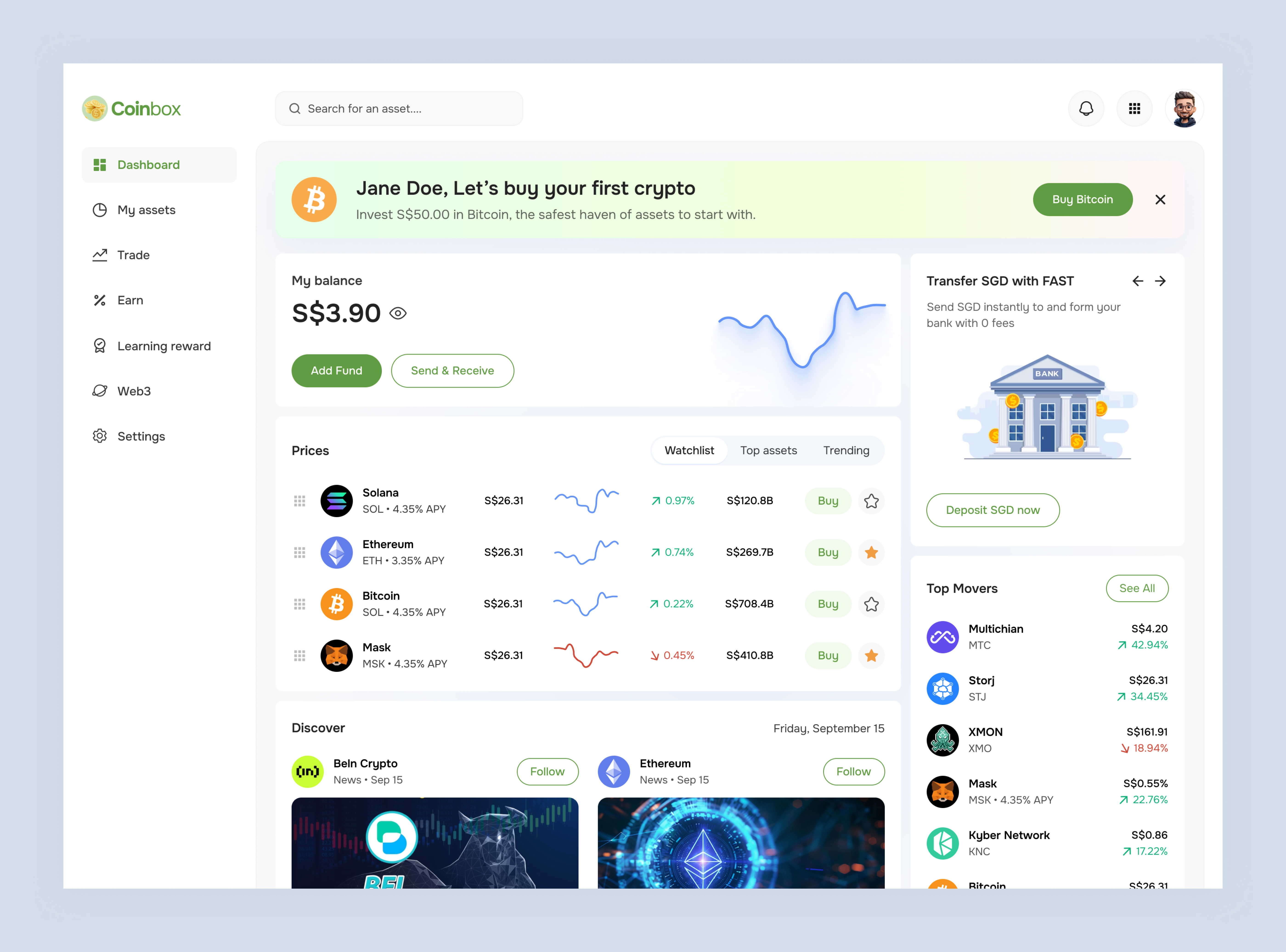 Coinbox - Crypto Dashboard binance bitcoin blockchain buysell coinbox crypto currency crypto service dashboard ui design wallet web design web3