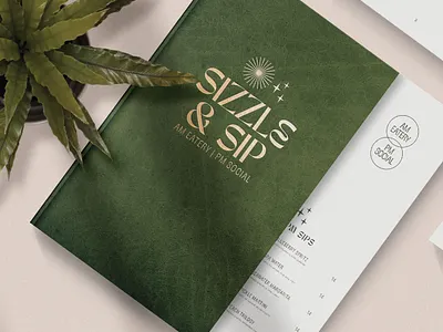 Sizzle & Sip bar branding menu packaging restaurant sip sizzle stars sun
