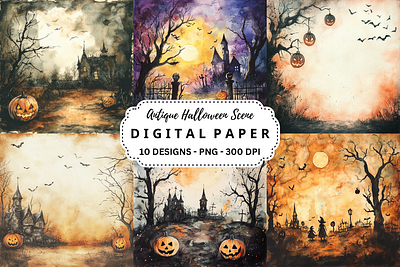 Antique Halloween Scene Background animation background branding clipart commercial use art decorations digital paper graphic design halloween illustration images junk journal motion graphics mugs pages wallpaper