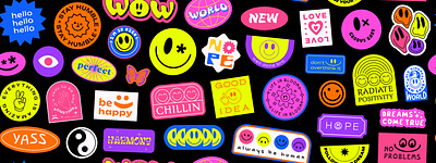 Cool Y2k Stickers Collage Pattern Background. 90s acid art cartoon collage cool cute emoji funky groovy happy patch pattern pop positive retro smile sticker vintage y2k