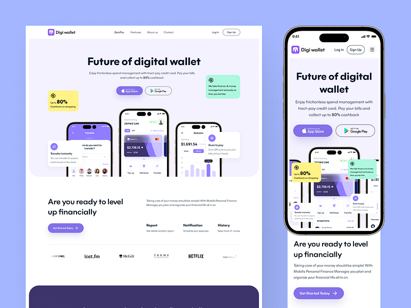 Digi- Digital Wallet App Landing app app design flat illustration landing landing design landing page minimal ui ux ux design wallet