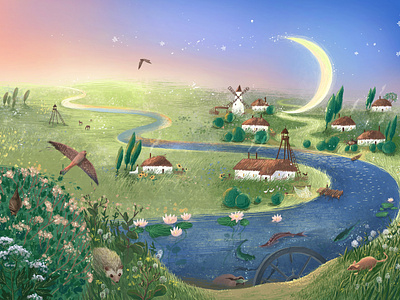 Book cover illustration for a collection of short stories. book cover book illustration landscape moon river village