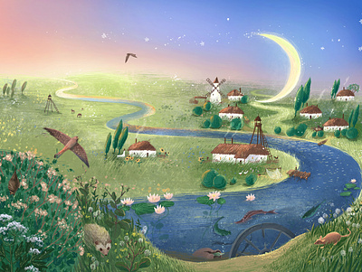 Book cover illustration for a collection of short stories. book cover book illustration landscape moon river village