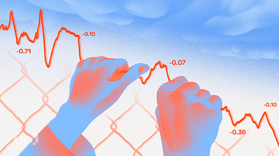 Editorial Illustration chart cover crypto down editorial fence grab hands hodl hold illustration maket negative net sky trading