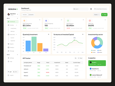 Venture Capital Investment Dashboard app app design dashboard design designer figma home screen investment productdesigner prototype ui uiux userexpereince userinterface ux uxresearch visualdesign webapp webdesign wireframes