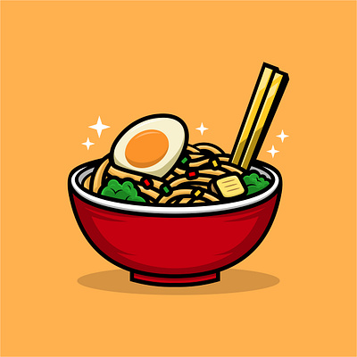 Noodles with Egg In Red Bowl and Tofu Vector Art art bowl copstciks design egg graphic desgin hungry illustration logo noodle ramen red taste vector