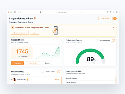 Business Learning Game – EdTech Results Dashboard for Skill Grow app design for business owners business skill development edtech ui educational games ui gamified education interactive learning tools learning app design profile dashboard user performance analytics ux design for learning apps