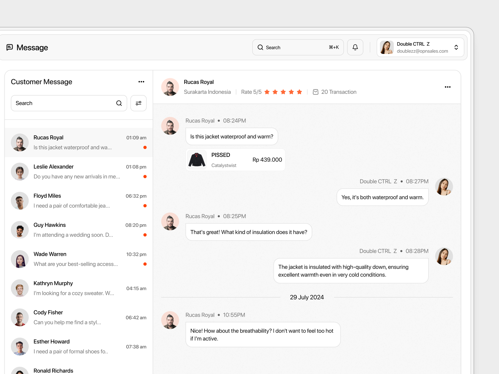 Example of Customer Message - Sales Management Dashboard
