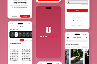 Movie Premier - Movie Ticket Mobile App app application book branding buy cinema customer design efficiency entertainment film interface multimedia platform seat ticket ui video watch