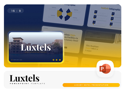 Luxtels PowerPoint Template blue building business gsl hotel key luxtels luxury modern ppt pptx presentation template resort ui website yellow