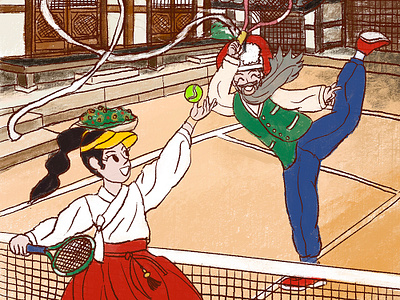 Tennis with Granpa Illustration artwork character drawing family graphic design hanbok illustration korea korean sports tennis