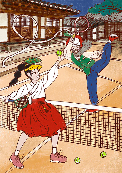 Tennis with Granpa Illustration artwork character drawing family graphic design hanbok illustration korea korean sports tennis