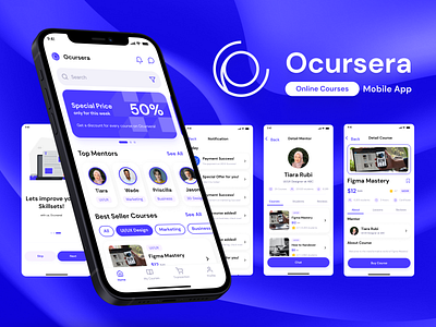 Ocursera - Online Courses Mobile App blue figma figmadesign ideation ocursera onlinecourse ui uidesign uimobileapp uiux ux