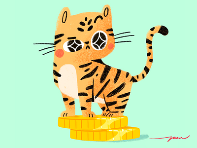 Money Tiger animal cartoon cat character coin color cute design gold illustration luck lucky money tiger