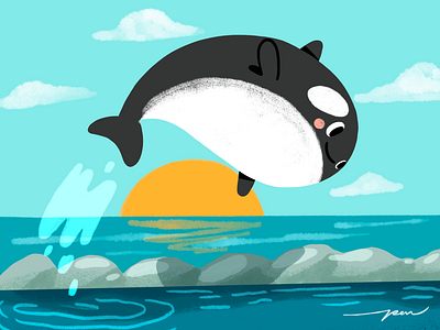 Free Willy (Keiko) cartoon character color colorful cute design free illustration jump keiko ocean orca sunset whale willy