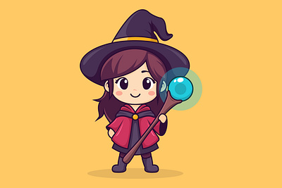 Cute Magician Girl, Flat Cartoon Style. cartoon cute design flat girl illustration magic magician spell vector vector art