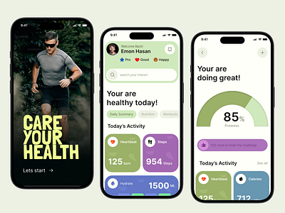 💪 Health Tracker Mobile App UI 💪 android card clean design fitness fitness tracker graph green health health tracker ios minimal mobile mobile app product design splash screen tracker tracker ui ui ui design