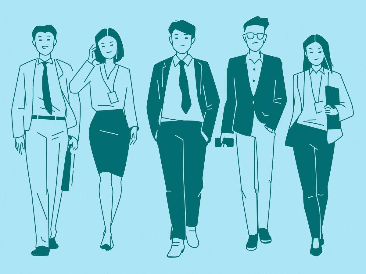 Business team strutting confidently 2d ae animation character coworkers design dress code employees front walking gif illustration man monochrome motion graphics office workers people team building walk cycle woman working together