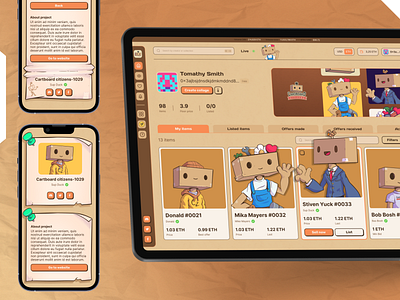 Cartboard Citizens - Web App and Mobile App for an NFT company app design app interfaces application bitcoin etherum mascot mobile app mobile application mobile design nft ui ux design user interface ux design web app web application web dashboard web interface design web3 webapp webdesign