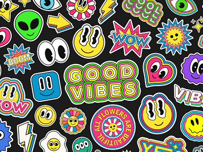 Pop Art Stickers Collage. Groovy Comic Cartoon Emoji. 90s acid art cartoon character collage comic cool cute emoji emoticon funky funny groovy happy pop positive smile sticker y2k