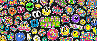 Pop Art Stickers Collage. Groovy Comic Cartoon Emoji. 90s acid art cartoon character collage comic cool cute emoji emoticon funky funny groovy happy pop positive smile sticker y2k