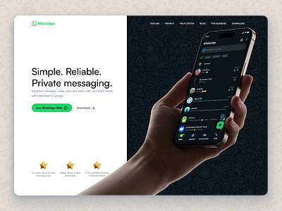 Whatsapp Website Design award branding chat daily 100 challenge dailyui dailyuichallenge design hero landing page logo message mobile mockup simple ui web whatsapp whatsappweb