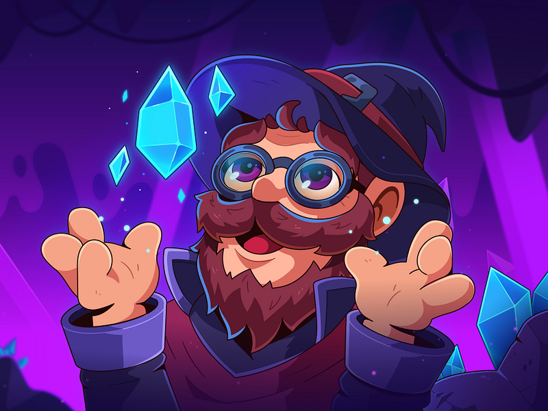 Wizard Spin: Promo Art 2 2d adventure art beard cartoon cave character design crystal drawing game glasses hat illustration joy magic magician sweet vector witch wizard