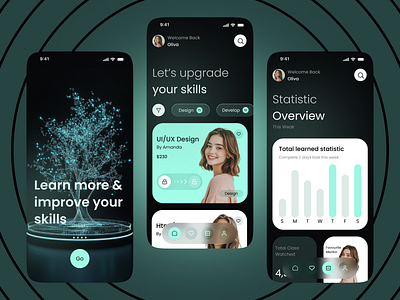 Learning Mobile App apps clean design course dark design education figma design interface learning minimalist mobile app mobile ui online course premium udemy ui design