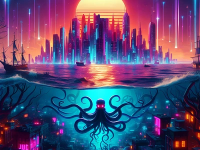 Kraken Under the City branding design graphic design illustration kraken neon photoshop synthwave