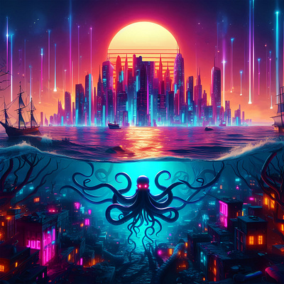 Kraken Under the City branding design graphic design illustration kraken neon photoshop synthwave