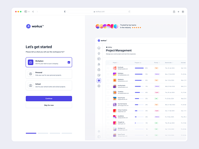 Workspace Onboard create account crm log in new team onboarding product design project management screen sign in sign up ui design