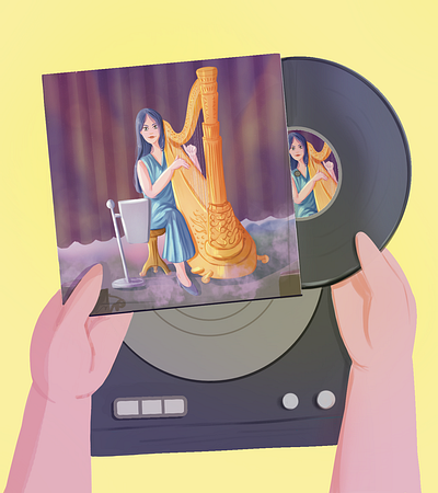 "Illustrated Vinyl Mockup: Harpist on a stage" coverart graphic design harpist illustration mockup music musicart vinyl vinylart