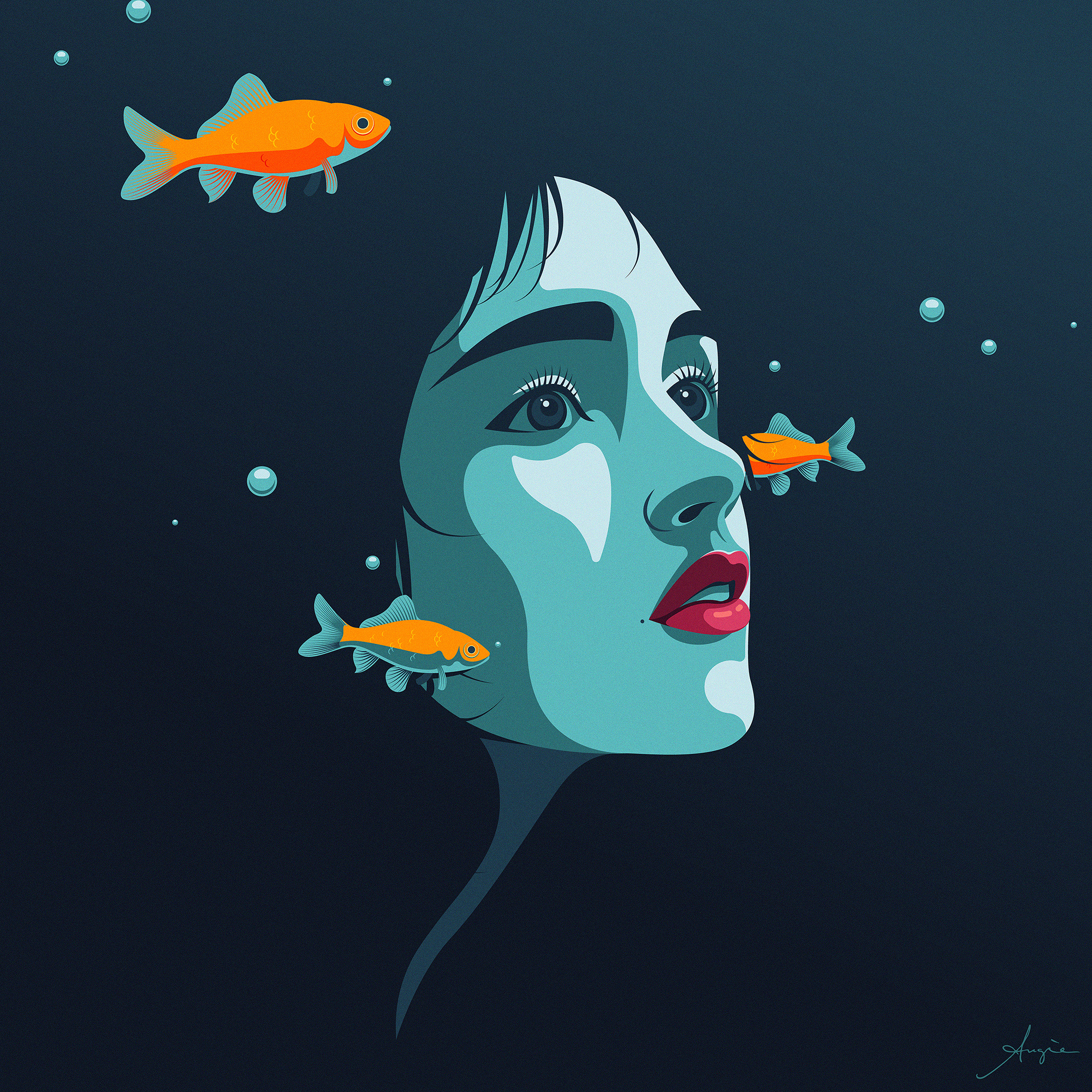 "Out of the Blue" - Digital Vector Art adobe illustrator blue contrast daily art fish flat design gold fish illustration melancholy minimalism orange out of the blue portrait sadness stylized vector vector illustration woman