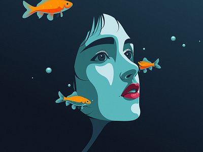 "Out of the Blue" - Digital Vector Art adobe illustrator blue contrast daily art fish flat design gold fish illustration melancholy minimalism orange out of the blue portrait sadness stylized vector vector illustration woman