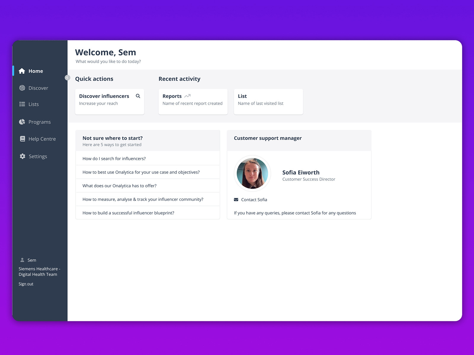 B2B Influencer marketplace - navigation b2b branding dashboard design figma influencer influencer marketing marketplace miro onalytica product management saas ui user experience ux web app