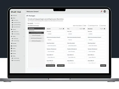 Package Creation Dashboard admin portal booking buy commercial creativity dashboard design digital ecommerce figma marketing marketplace package photographer rent studio ui user experience user interface ux