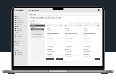 Package Creation Dashboard admin portal booking buy commercial creativity dashboard design digital ecommerce figma marketing marketplace package photographer rent studio ui user experience user interface ux