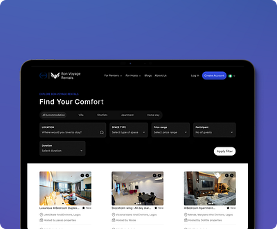 BON VOYAGE RENTALS landing page luxury product page ui webdesign