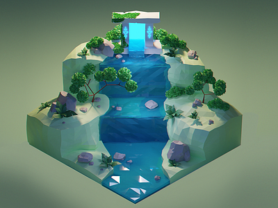 Waterfall 3d art environment fantasy forest isometric low poly nature portal river water waterfall