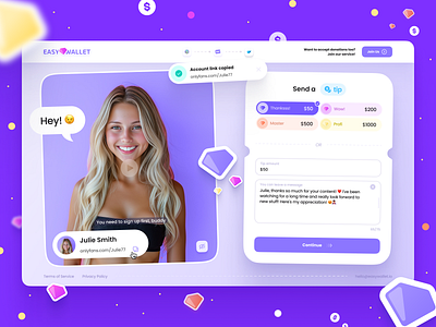 Content Creators Donation Web App UI app app ui clean content creators crypto ui crypto wallet donation of playful ui purple receive crypto send crypto tips ui wallet web app yellow